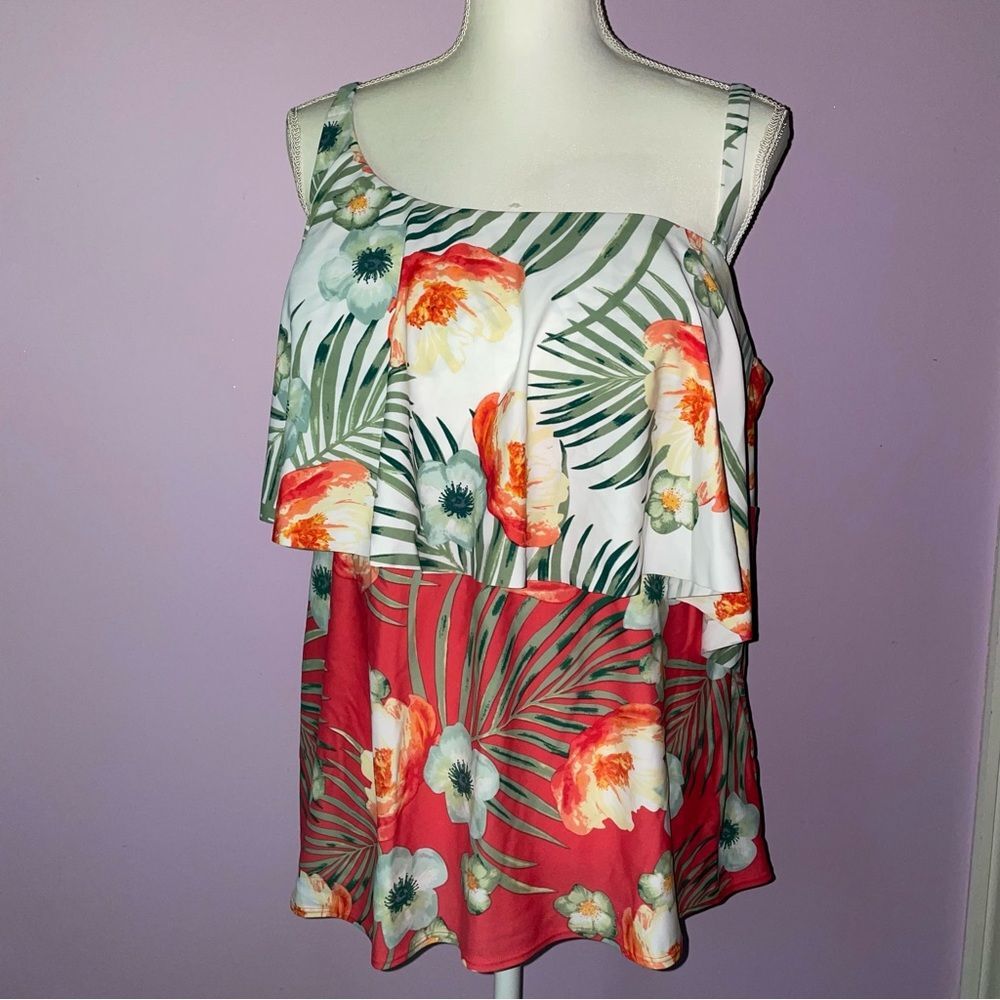 Swim by Cacique Size 20 Tankini Bathing Suit Top Tropical Floral Layered Orange